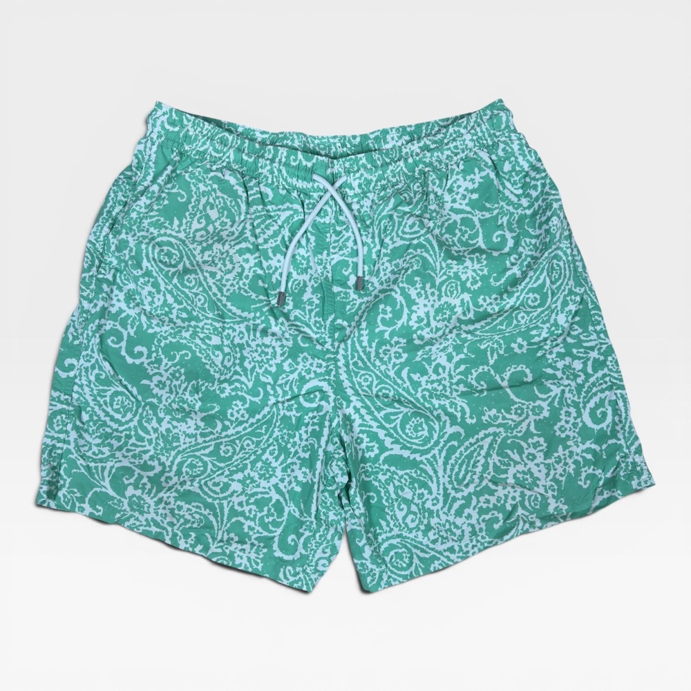 Brooks Brothers Lined Swim Trunks Mens Large Green Paisley Drawstring Mesh 6"
